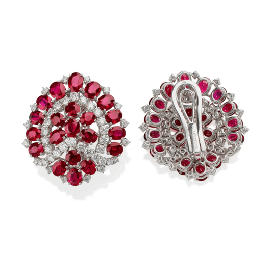 Bulgari 1960s Platinum Diamond & Ruby Earrings front and back and signature