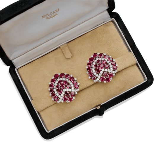 Bulgari 1960s Platinum Diamond & Ruby Earrings in box