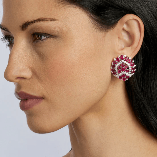 Bulgari 1960s Platinum Diamond & Ruby Earrings on ear