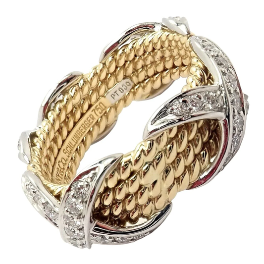 Jean Schlumberger Tiffany & Co. Post-1980s Platinum & 18KT Yellow Gold Diamond Ring front and signature