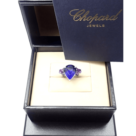 Chopard Post-1980s 18KT White Gold Diamond, Amethyst & Tanzanite Ring in box