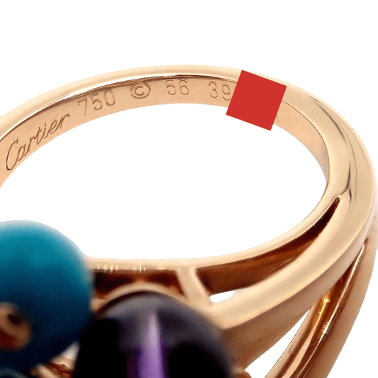 Cartier Post-1980s 18KT Rose Gold Turquoise, Amethyst & Diamond Ring signature and number