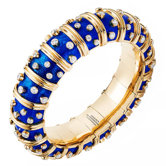 Jean Schlumberger Tiffany & Co. Post-1980s 18KT Yellow Gold Diamond & Enamel Bangle Bracelet profile