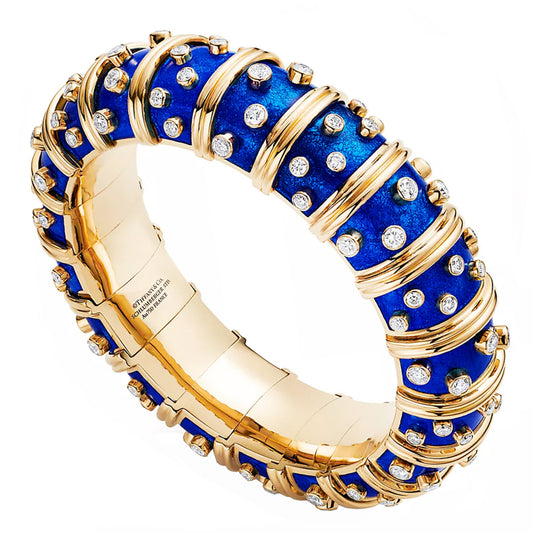 Jean Schlumberger Tiffany & Co. Post-1980s 18KT Yellow Gold Diamond & Enamel Bangle Bracelet profile