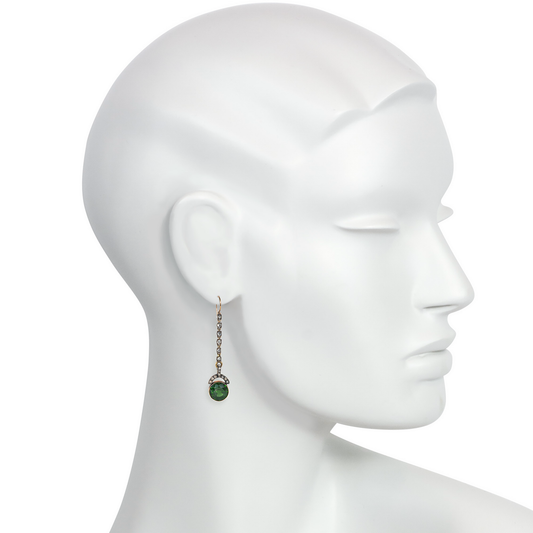 Edwardian Silver & 15KT Yellow Gold Diamond, Tourmaline & Zircon Earrings on ear