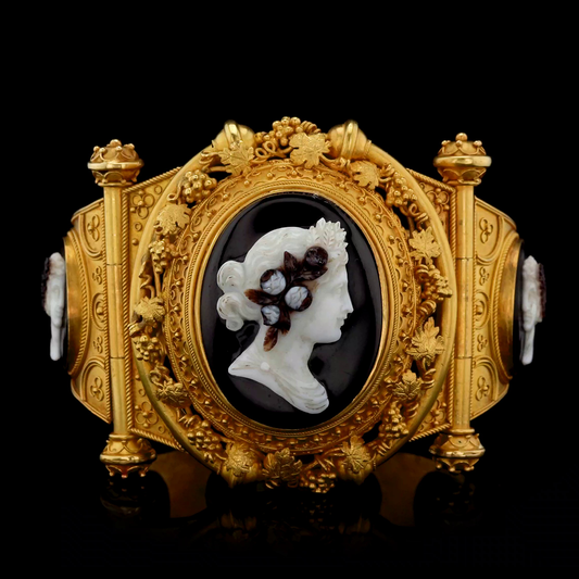 Sardonyx cameo and 18-karat gold, Victorian Etruscan Revival bracelet, circa 1870