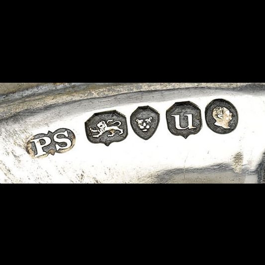 Paul Storr hallmarks, English, left to right: maker's mark, lion passant (sterling silver), London town mark, date letter (1835), duty mark (William IV), image by Rauantiuqes, courtesy Unsplash.