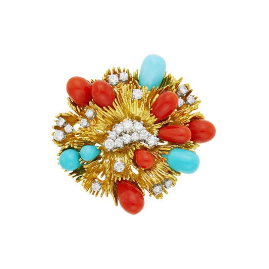 Diamond, coral, turquoise, platinum and gold brooch, signed Tiffany & Co., circa 1960s.