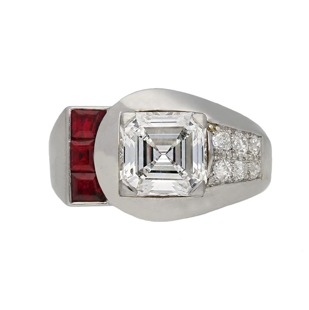 Asscher cut 1.87-carat diamond, Ruby and platinum ring, signed Raymond Yard, circa 1935, accompanied by an HRD Antwerp report