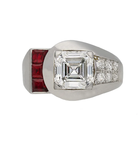 Asscher cut 1.87-carat diamond, Ruby and platinum ring, signed Raymond Yard, circa 1935, accompanied by an HRD Antwerp report