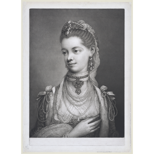 Queen Charlotte, consort of King George III, Mezzotint, by Thomas Frye, 1762, public domain, Metropolitan Museum of Art, courtesy Wiki Commons.
