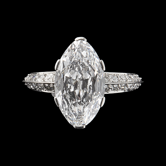 Engagement ring features a 3.84-carat, F color, Internally Flawless, Type IIa diamond set in platinum accented with 40 single cut diamonds, accompanied by a GIA Report.