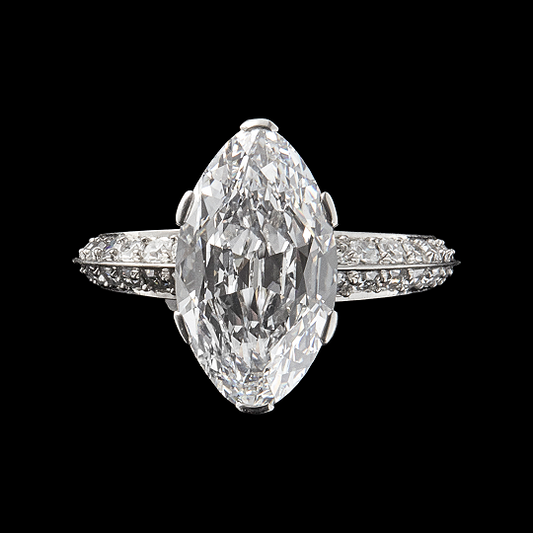 Engagement ring features a 3.84-carat, F color, Internally Flawless, Type IIa diamond set in platinum accented with 40 single cut diamonds, accompanied by a GIA Report.