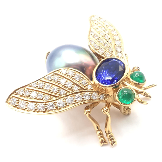 Pearl, diamond, tanzanite, emerald and 18-karat gold fly pin, signed Tiffany & Co., circa 1980s