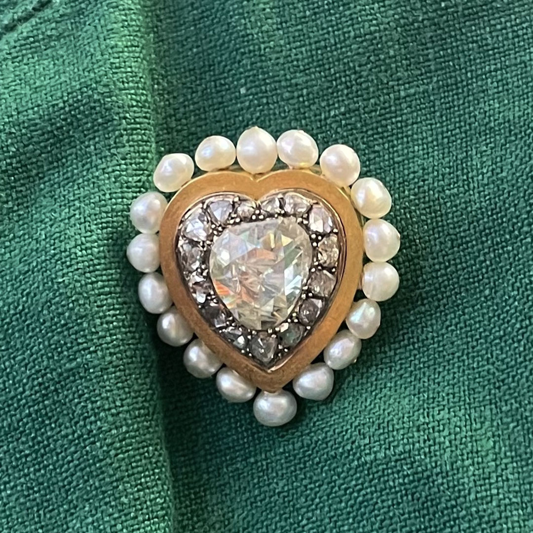Rose cut diamond, pearl and 18-karat gold vintage heart brooch.