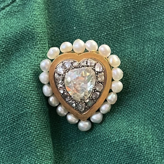 Rose cut diamond, pearl and 18-karat gold vintage heart brooch.