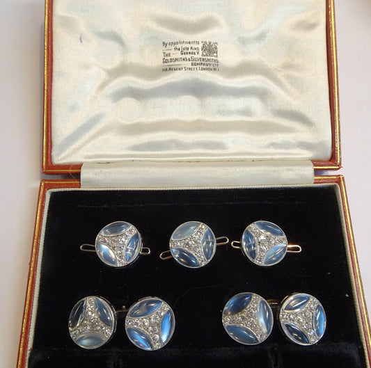 Art Deco diamond, moonstone and platinum dress set with cufflinks and three shirt buttons, signed Chaumet.