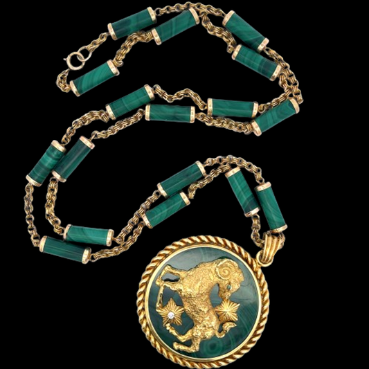 Malachite, diamond, emerald and 18-karat gold Van Cleef & Arpels Aries zodiac pendant, circa 1970s