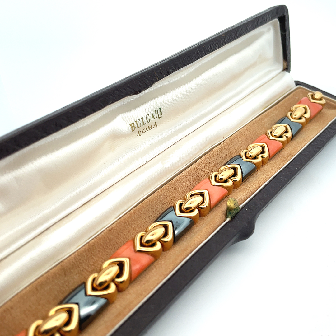 Coral, hematite and 18-karat gold bracelet, signed Bulgari, circa 1970s.