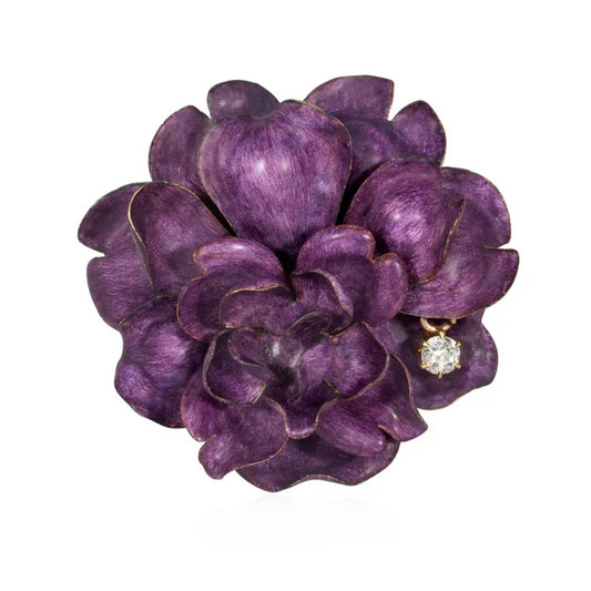 Edwardian diamond, 14-karat gold and enamel violet brooch, signed Brokaw & Son,D.D., circa 1910.