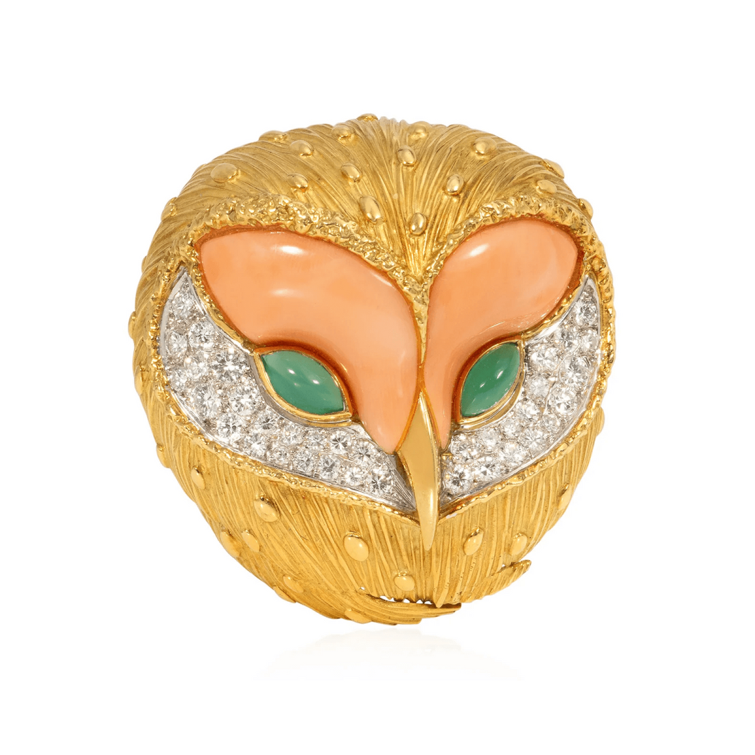 Diamond, coral, chrysoprase, 18-karat gold and platinum owl brooch, signed Fred Paris, circa 1960s.