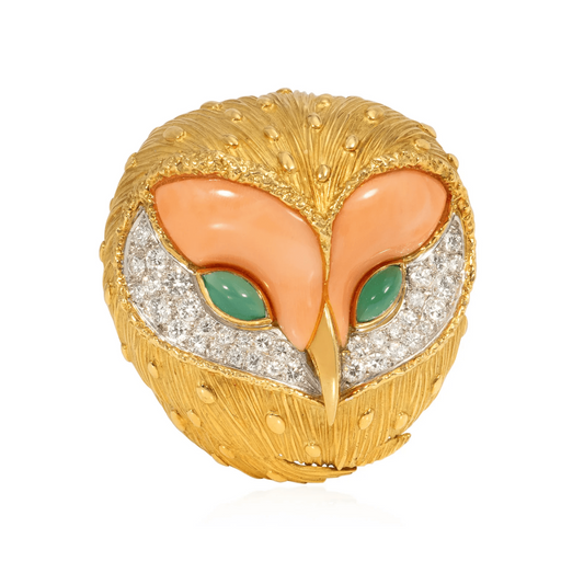 Diamond, coral, chrysoprase, 18-karat gold and platinum owl brooch, signed Fred Paris, circa 1960s.