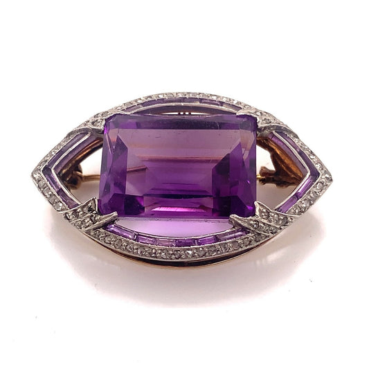 Antique amethyst, diamond, 18-karat gold and platinum brooch.