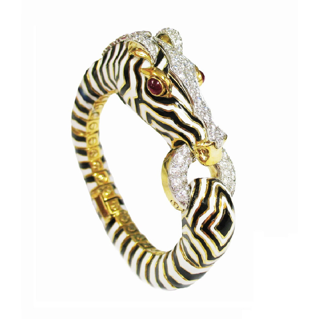 Diamond, Ruby, platinum, 18-karat gold and enamel zebra bangle, signed David Webb, circa 1980s.
