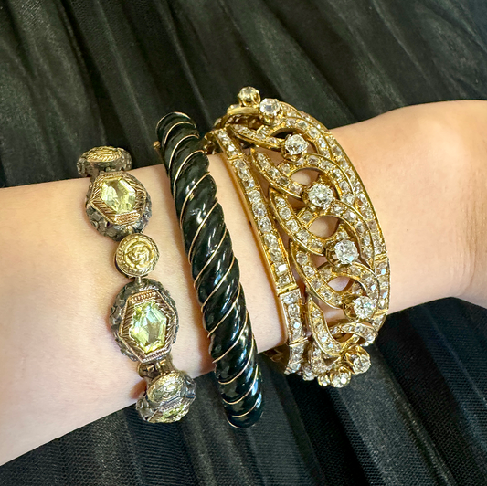 Antique Chrysoberyl and silver topped gold bracelet; nephrite jade and 18-karat gold bangle, with GIA Report, circa 1970s; antique diamond and gold bracelet.