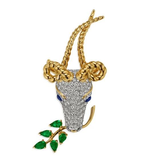 Diamond, emerald, sapphire, 18-karat gold and platinum Gazelle brooch, Jean Schlumberger for Tiffany & Co., circa 1970s