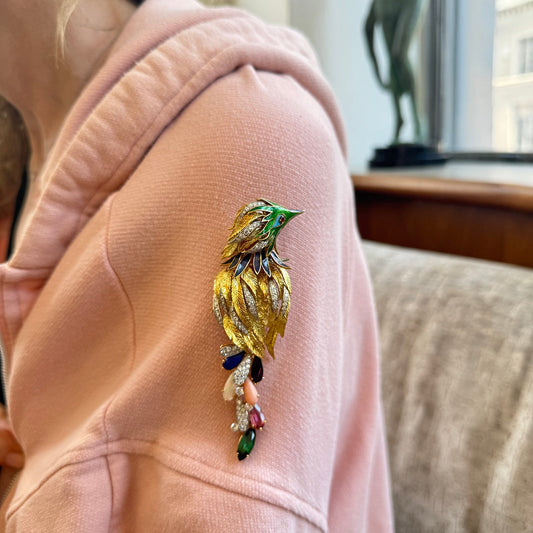 Diamond, opal, tourmaline, coral, lapis, 18-karat gold and enamel bird brooch.