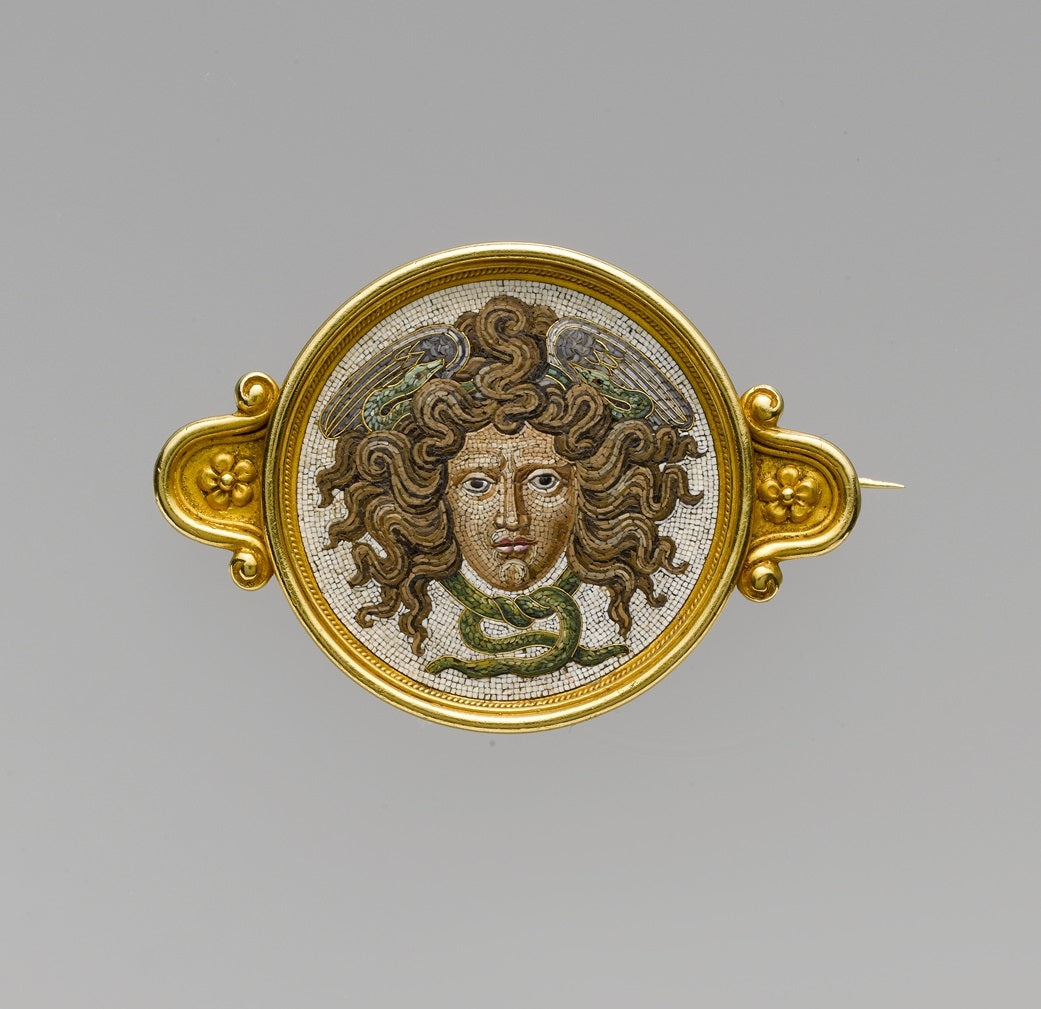 Glass micromosaic and gold brooch from Castellani, mosaic possibly by Luigi Podio, Italian, pre-1888, Courtesy Metropolitan Museum of Art, WikiCommons, public domain.
