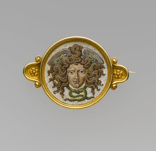 Glass micromosaic and gold brooch from Castellani, mosaic possibly by Luigi Podio, Italian, pre-1888, Courtesy Metropolitan Museum of Art, WikiCommons, public domain.