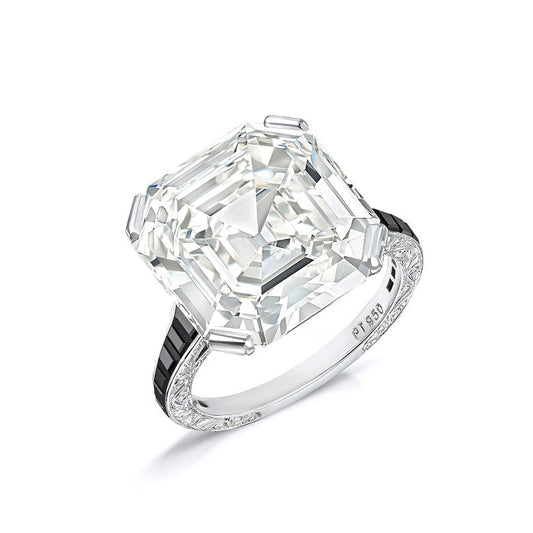 Asscher cut 12.43-carat diamond, onyx and platinum ring.