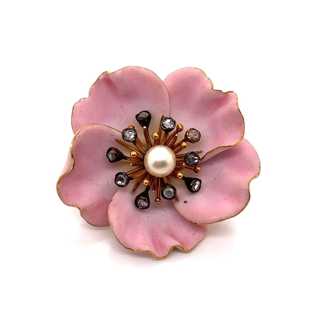 Antique diamond, pearl, enamel and 18-karat gold flower brooch.
