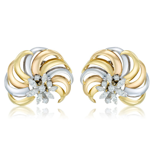 Yellow, rose and white 18-karat gold and diamond ear clips, signed Bulgari, circa 1970s.