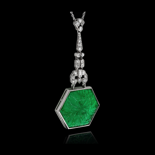 Art Deco carved Colombian emerald, diamond and platinum necklace, circa 1925.