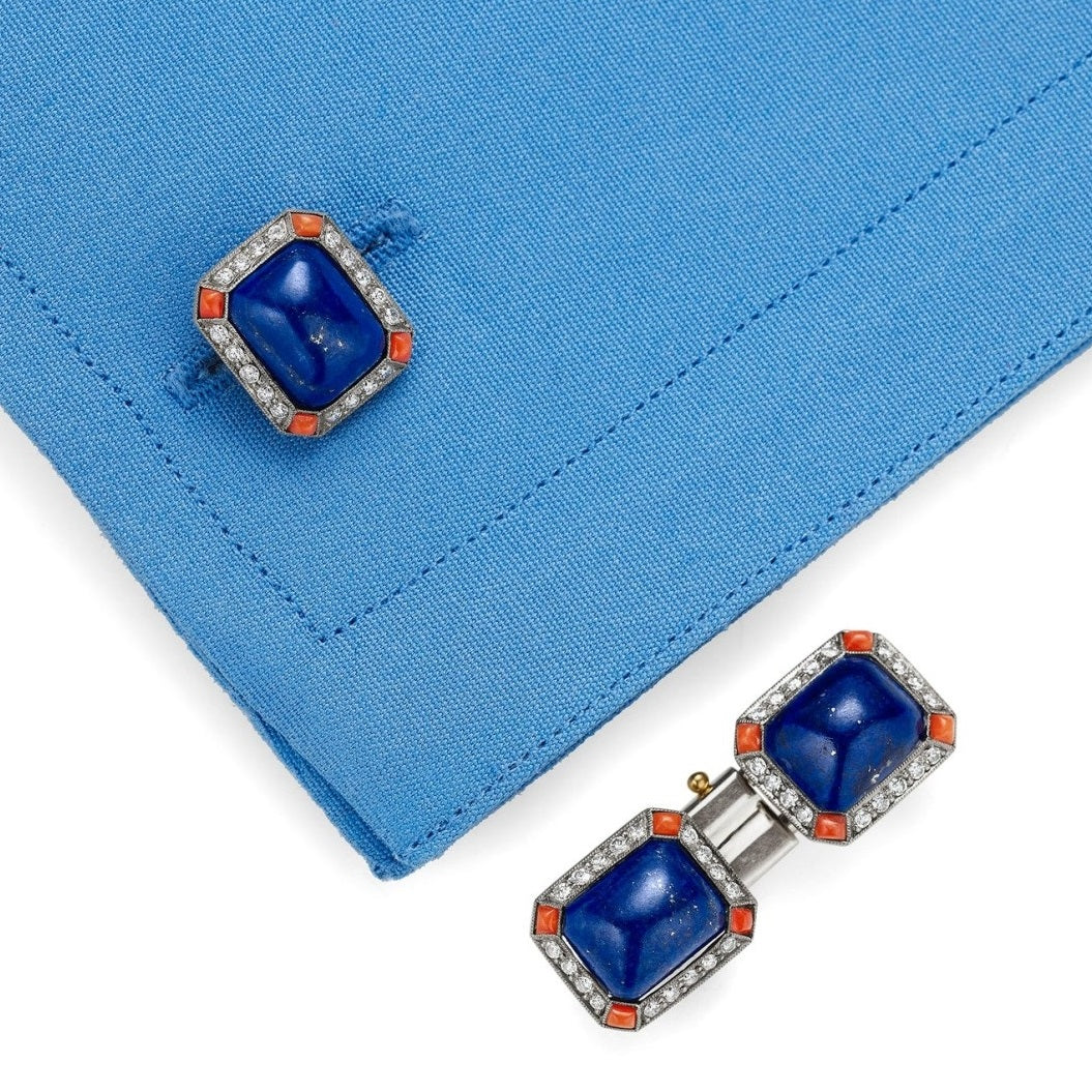 French Art Deco diamond, lapis lazuli, coral and platinum cufflinks, circa1920s