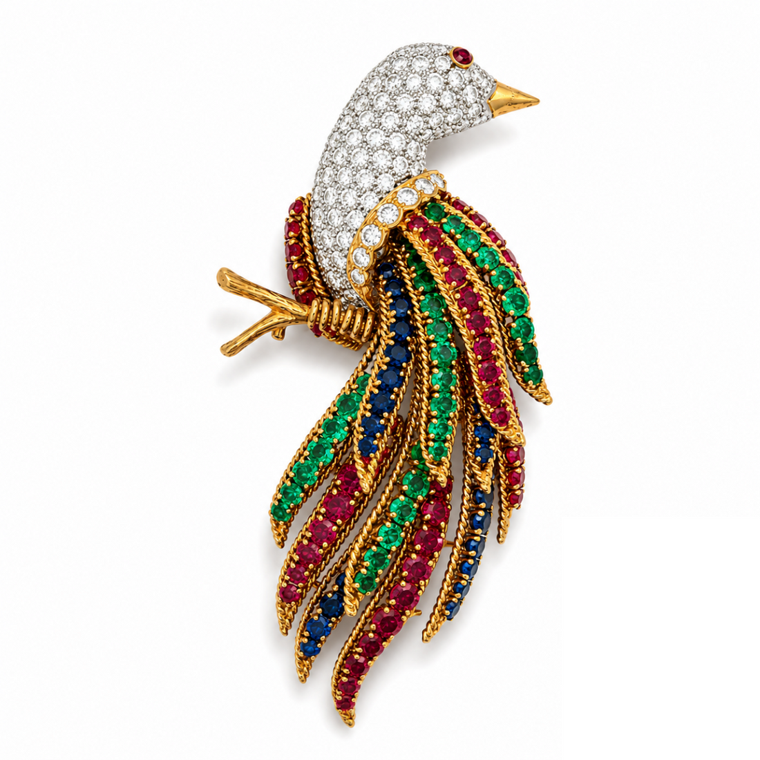 Diamond, emerald, ruby, sapphire and 18-karat gold bird brooch.