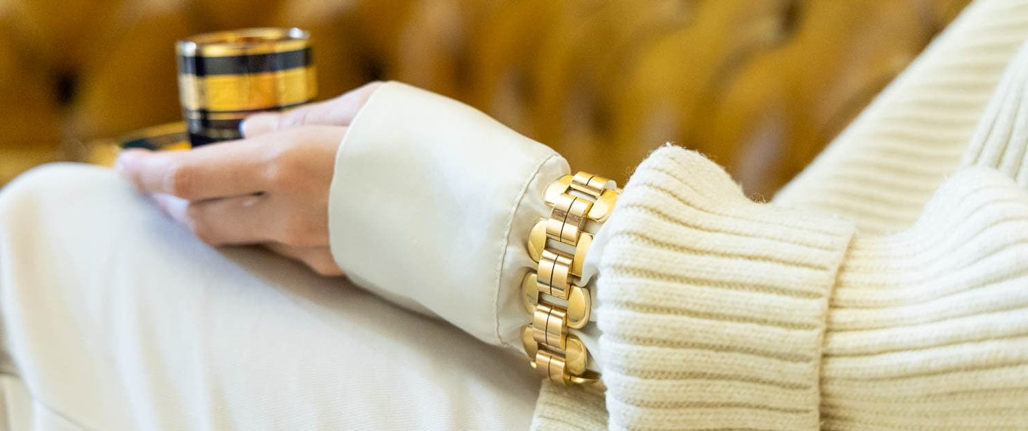 vintage gold bracelet worn by a model 