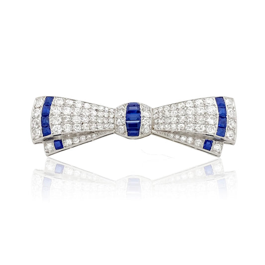Art Deco Platinum Sapphire Diamond Bow Brooch front view