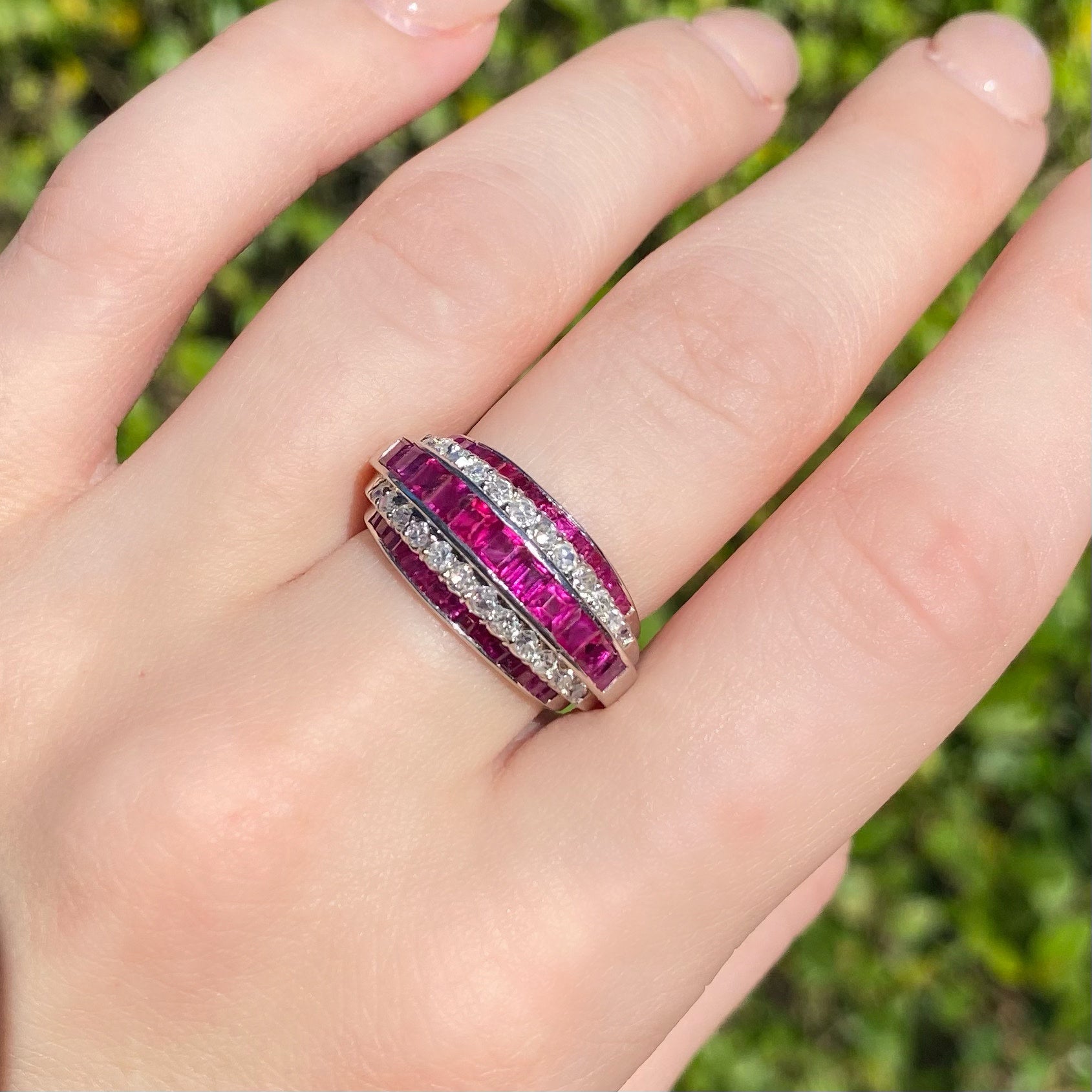 1950s Platinum Ruby & Diamond Ring on hand