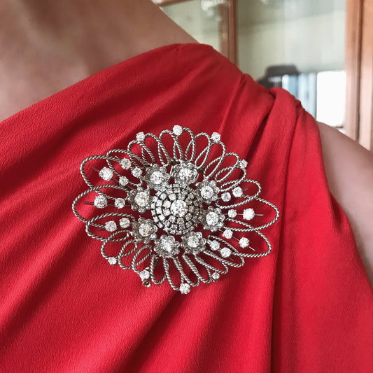 Mellerio French 1940s Platinum & 18KT Yellow Gold Diamond Brooch worn on red dress