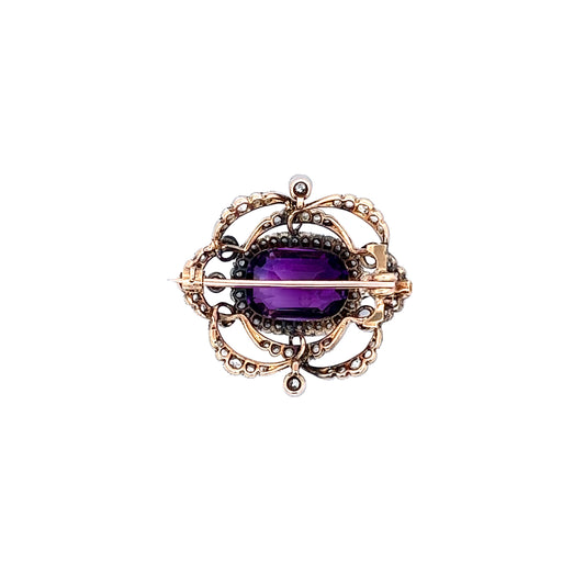 Edwardian Platinum & Gold Siberian Amethyst & Diamond Brooch back view