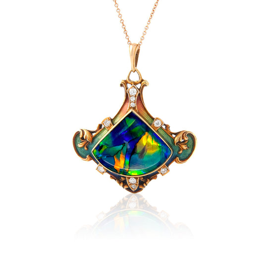 Art Nouveau Platinum & 18KT Yellow Gold Opal, Enamel & Diamond Pendant front view