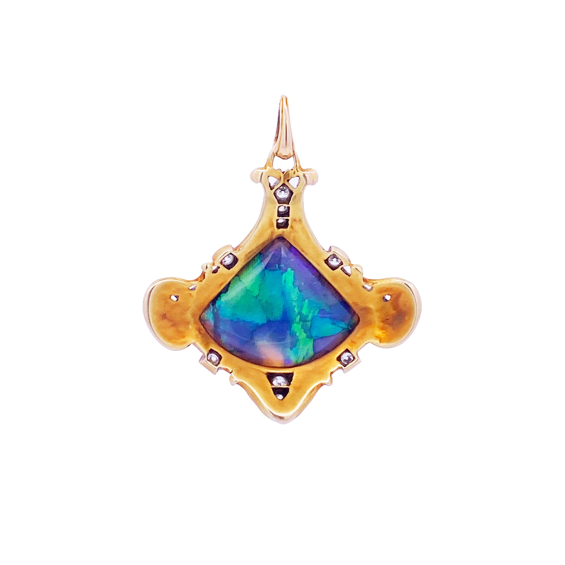 Art Nouveau Platinum & 18KT Yellow Gold Opal, Enamel & Diamond Pendant back view