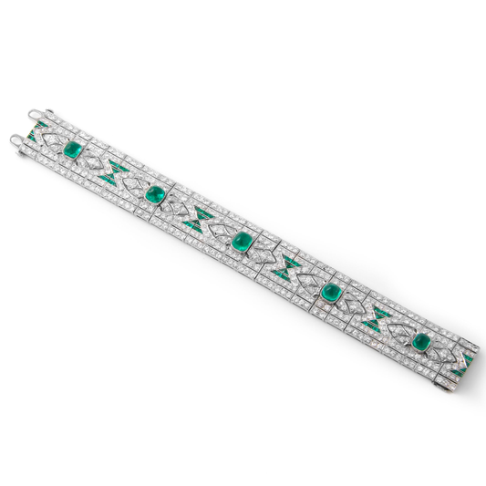 Art Deco Platinum Emerald & Diamond Bracelet laid out front view