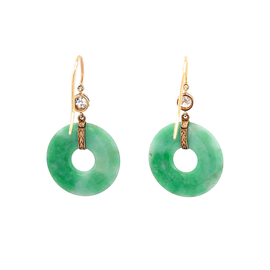 14KT Yellow Gold Jade & Diamond Earrings back view