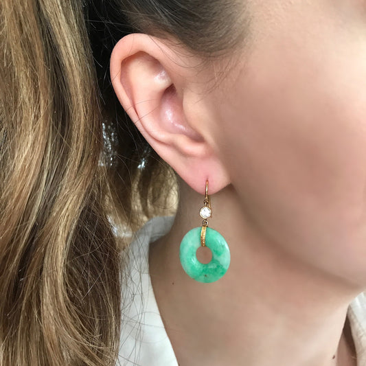 14KT Yellow Gold Jade & Diamond Earrings worn on ear