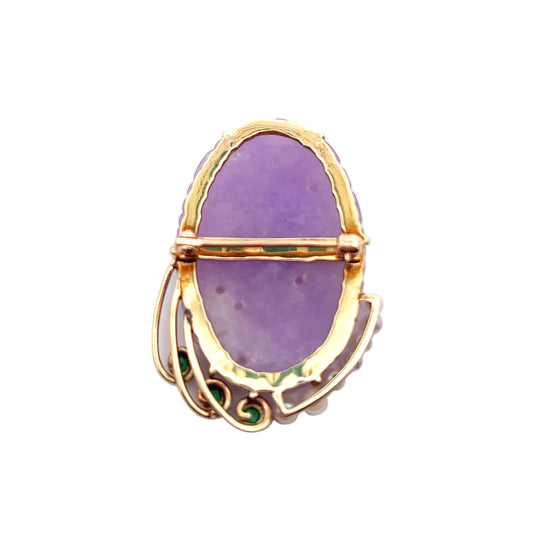 1960s 18KT Yellow Gold Lavender Jade & Emerald Brooch back view